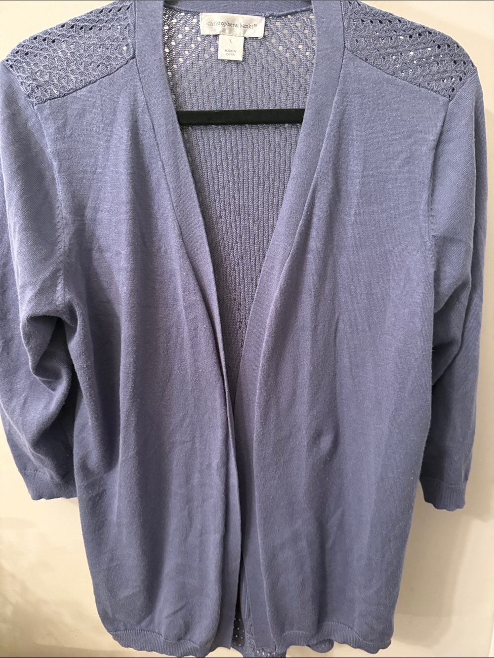 Christopher & Banks Dark Periwinkle Blue Crochet-Shoulder Open Cardigan L